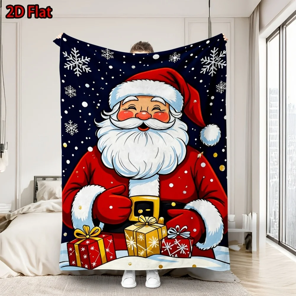 Cartoon Santa Claus Christmas Throw Blanket Snowflake Gift Box Element Soft Cozy Lightweight Blanket for Sofa Bed Xmas Indoor