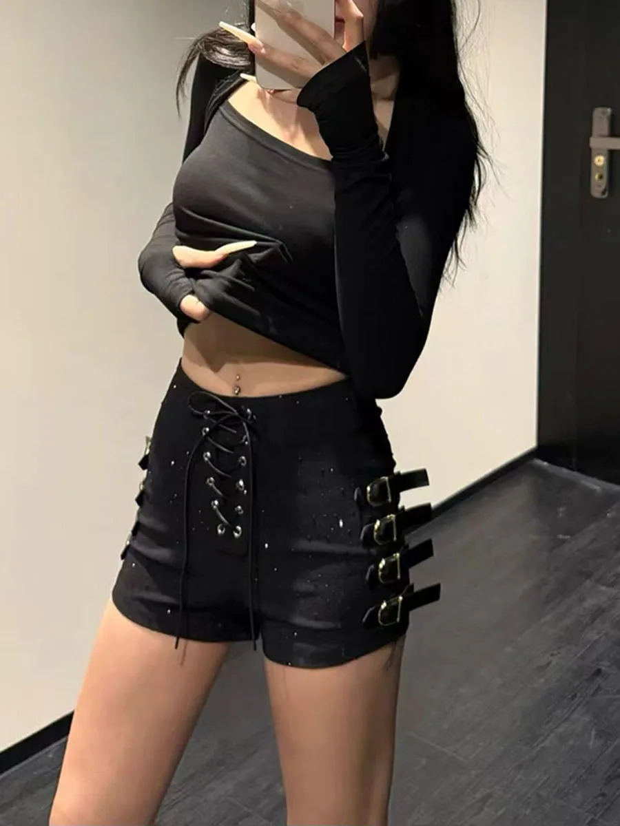 TWOTWINSTYLE Streetwear Shorts For Women Front Lace Up Side Buckle Detail High Waist Slim Bodycon Hot Pants Streetwear Outfit
