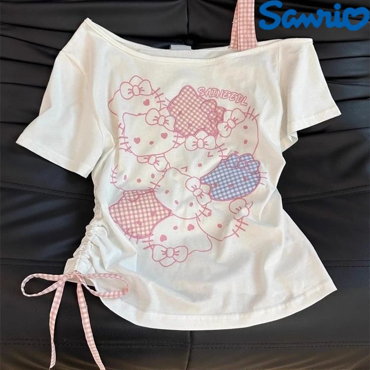

Sanrio Cute Short Sleeved Hello Kittys Girl Summer Kawaii Slim Fit Sweet Comfortable Shoulder Off Fashion Cartoon Commuting Gift