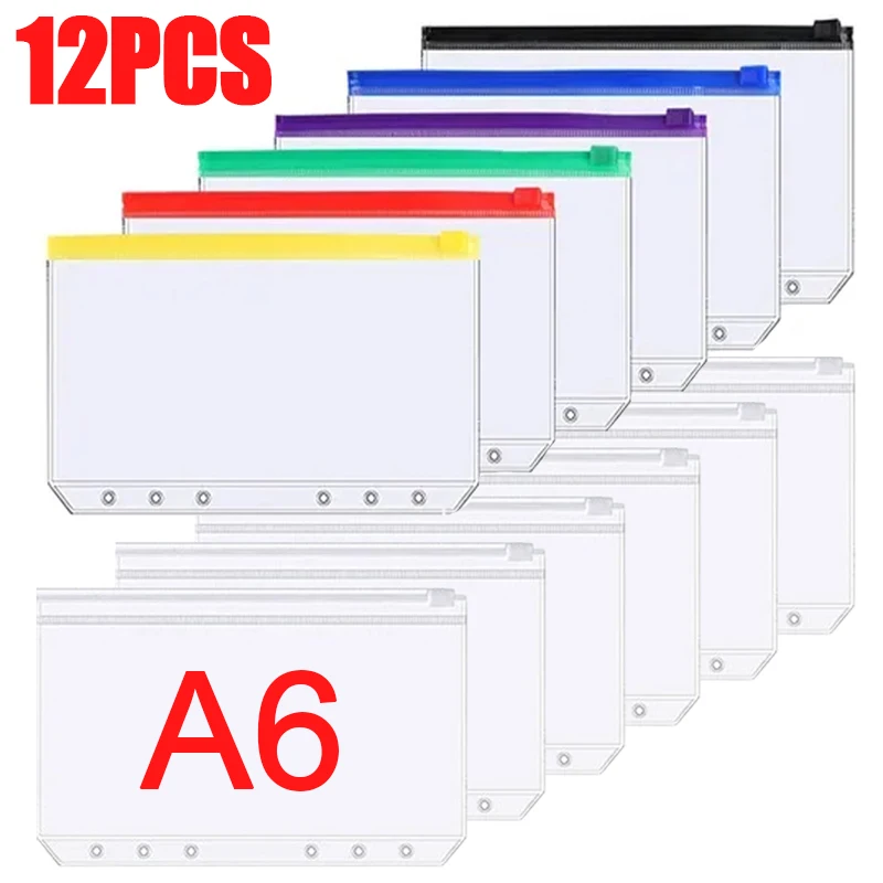 Classeur ample A6 à 6 trous avec fermeture éclair, pochettes imperméables, enveloppes transparentes en PVC, sacs à feuilles mobiles pour planificateur de carnet de notes, 6/12 pièces