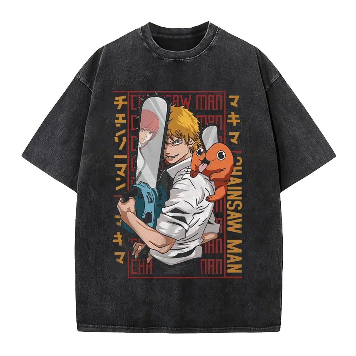 2026 New Chainsaw Man Anime Graphic T-Shirt Retro Washed Black Cotton Short Sleeve Men Casual Printed Top Manga Fashion Summer