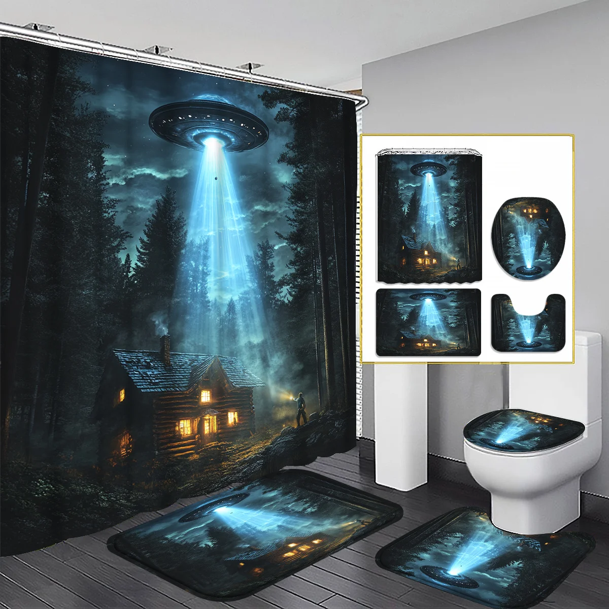 4pcs European And American Mysterious Forest Wooden House UFO Pattern Shower Curtain Set, Bathroom Curtains, Bathroom Decora