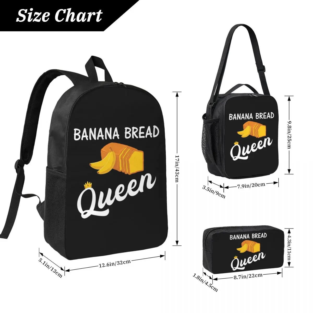 Baking Banana Bread Queen Backpack Boys Girls BookBag School Bag Computer Shoulder Bags 3ps Insulated Lunch Bag Pencil Case