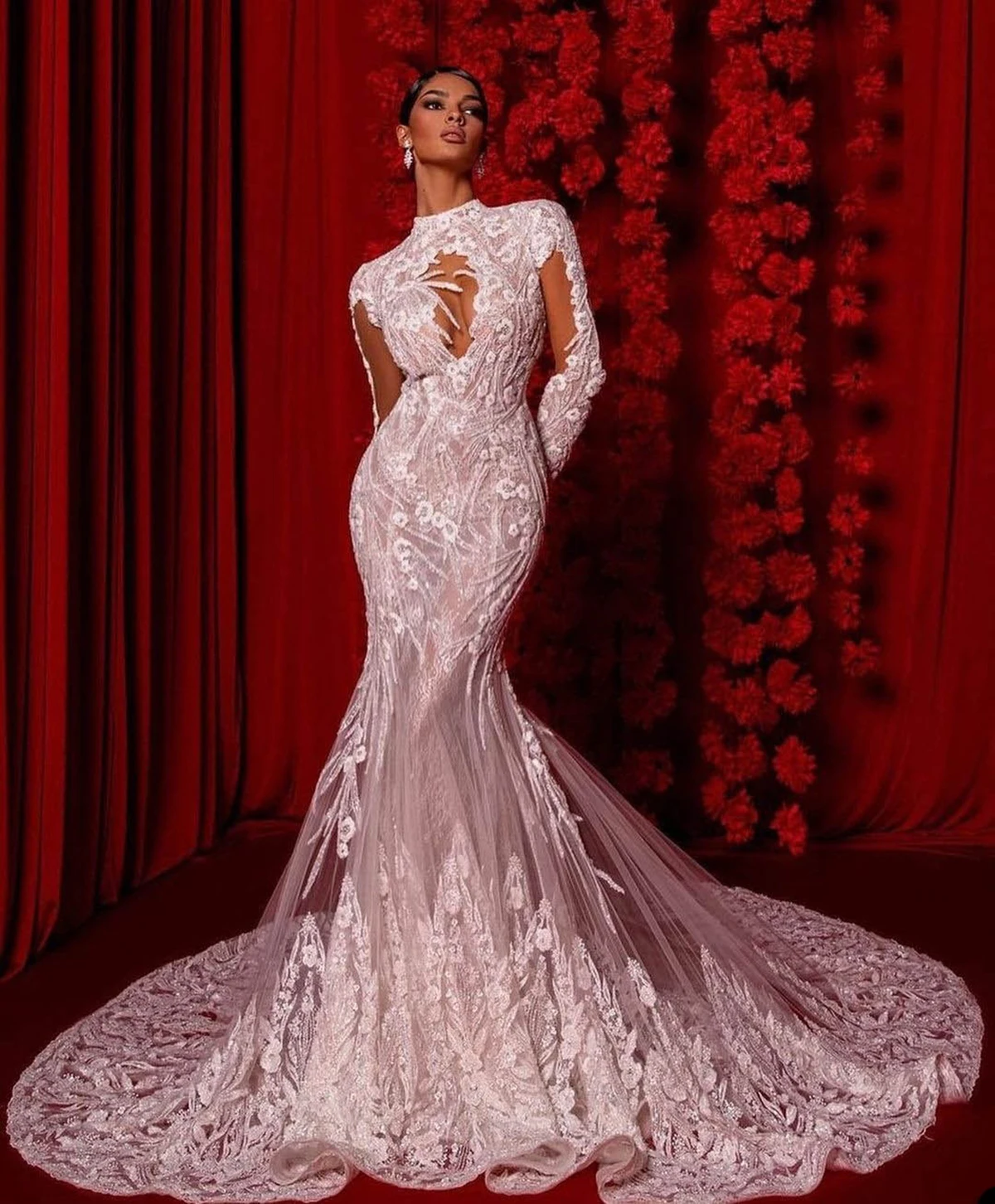 Luxury Mermaid Wedding Dresses Appliques Lace Long Sleeves Bridal Gowns Custom Made Ruffles Hollow Back Vestidos De Novia