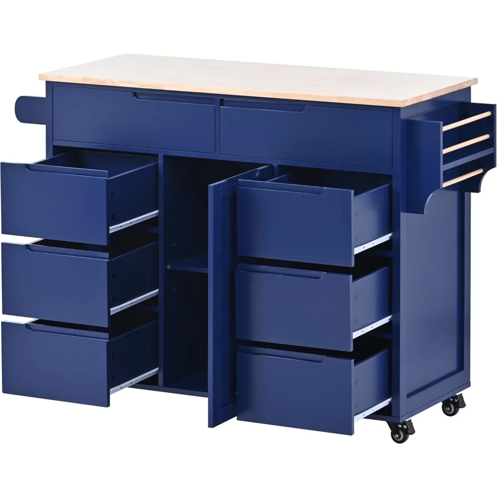 Mobile Kitchen Island Cart with Breakfast Bar, Spice Rack, Towel Holder, 8 Drawers, and 5 Wheels for Dining Area