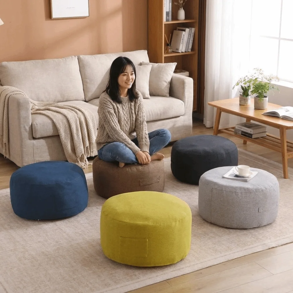Multi-functional Round Seat Cushion Cover Unstuffed Large Capacity Sofa Stool Cover with Pocket Clothes Storage Bag Home Use
