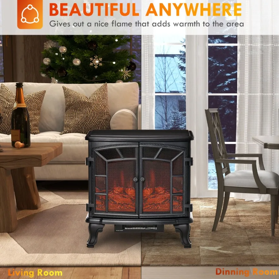 Electric Fireplace Heater Fireplace Stove with Realistic LED Flames and Logs Remote Control and Overheating Protection 750W/150