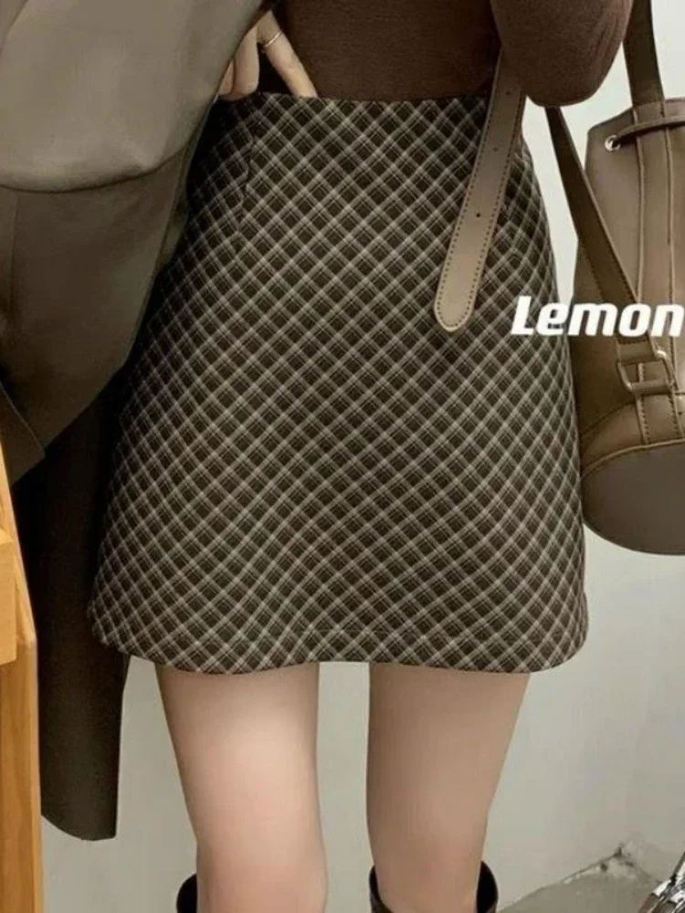 Clothes for Women Vintage Classic Plaid Print High Waist Elegant Skirts Female Summer Korean Fashion Slim A Line Mini Skirt Saia