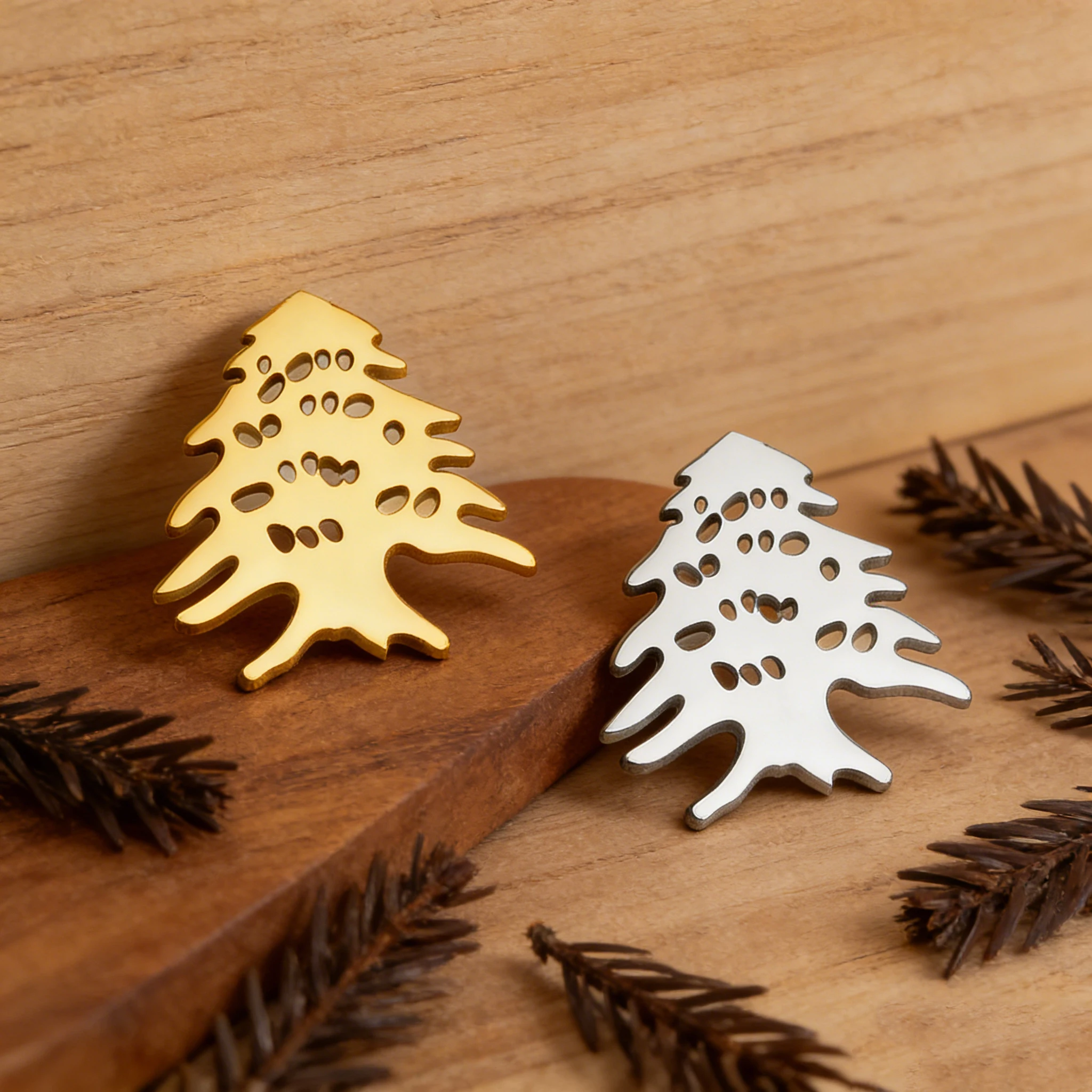Lebanese Cedar Brooch Stainless Steel Minimalist Hollow Tree of God Badge Brooch Suit Jacket Set Accessories
