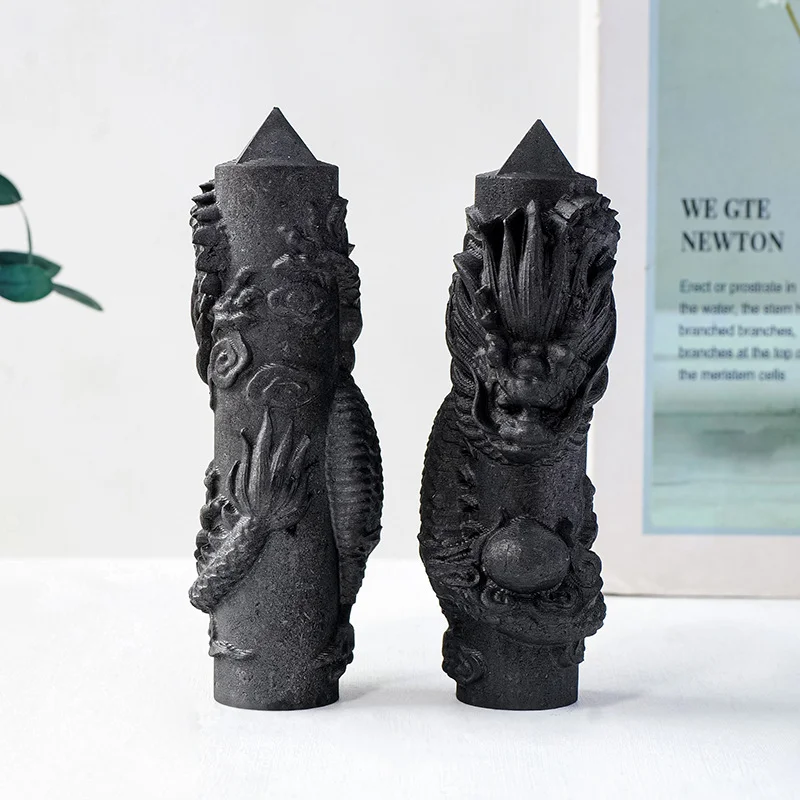 1pc Natural Shungite Tower Point Wand Dragon Minerals,Shungite Tower With Dragon Carving, Home Decoration