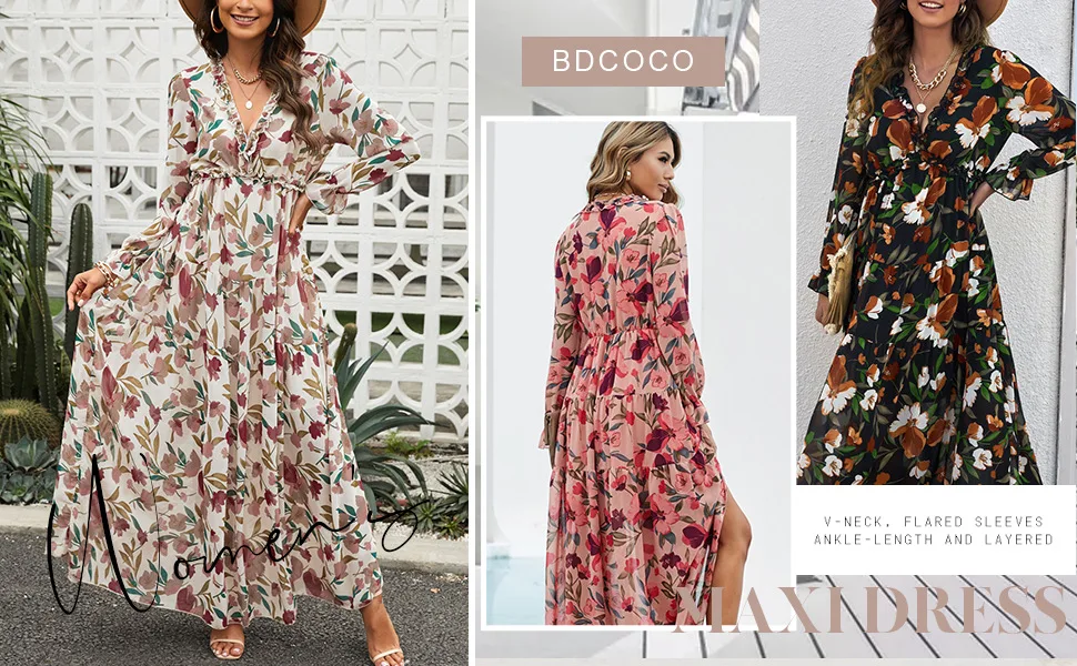 Long Dress for Women Fashionable V-neck sheer floral long sleeved dress loose casual chiffon long skirt for women