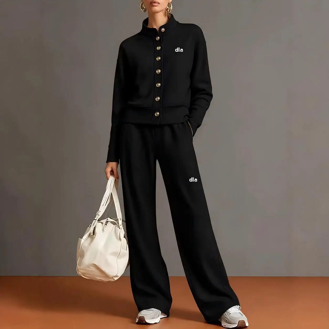 2026 European women's and girls' new pure-color stand-up collar cardigan, sweatshirt, wide-leg pants, and fitness workout set