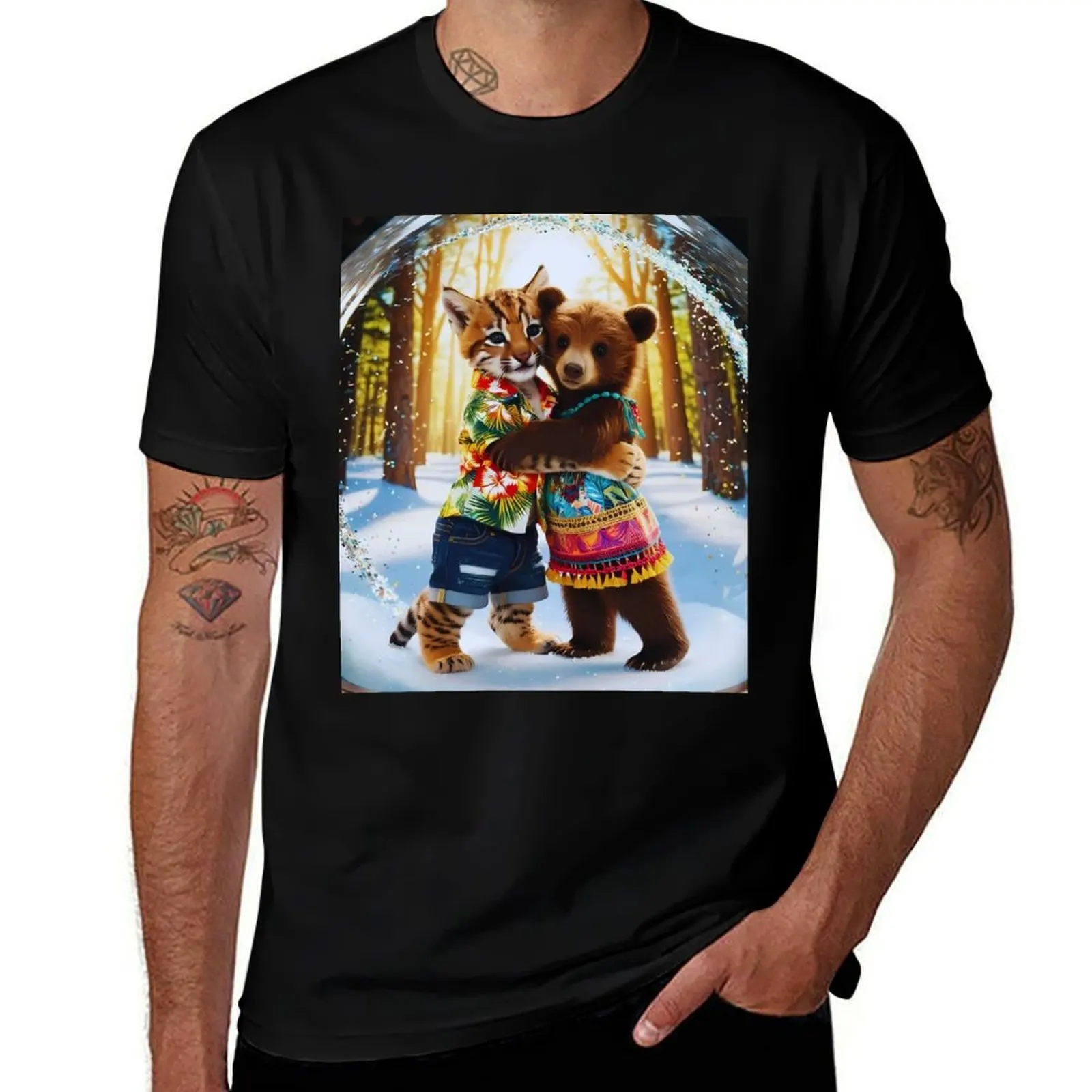 

Футболка Bobcat and Bear Love in a Snow Globe, кавайная одежда, черная мужская дизайнерская футболка для мальчиков, белая мужская дизайнерская футболка