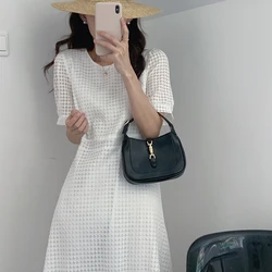 Women's Summer Vintage Long Lace Dress with Belt 2022 Female Short Sleeve Midi Robe A-line Sundress Solid Color French Style