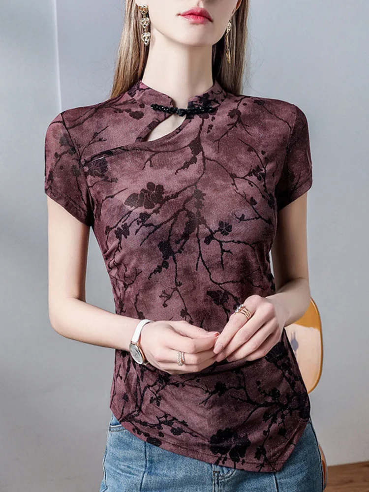 Light National Style Cheongsam Collar Buckle Plum Blossom Print Bright Silk Screen Top Short Sleeved 2025 Summer New Women's