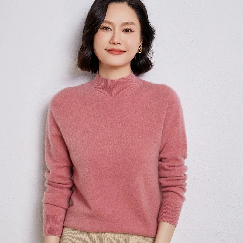 High Quality 100% Australian Wool Women's Half  High Collar Knitted Pullover Spring  Autumn New  Long Sleeved Solid Color Tops