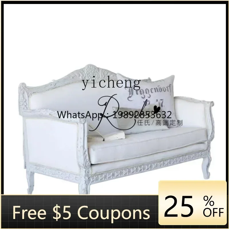 

ZZTQH log carved double three sofa villa light luxury French small apartment old living room fabric