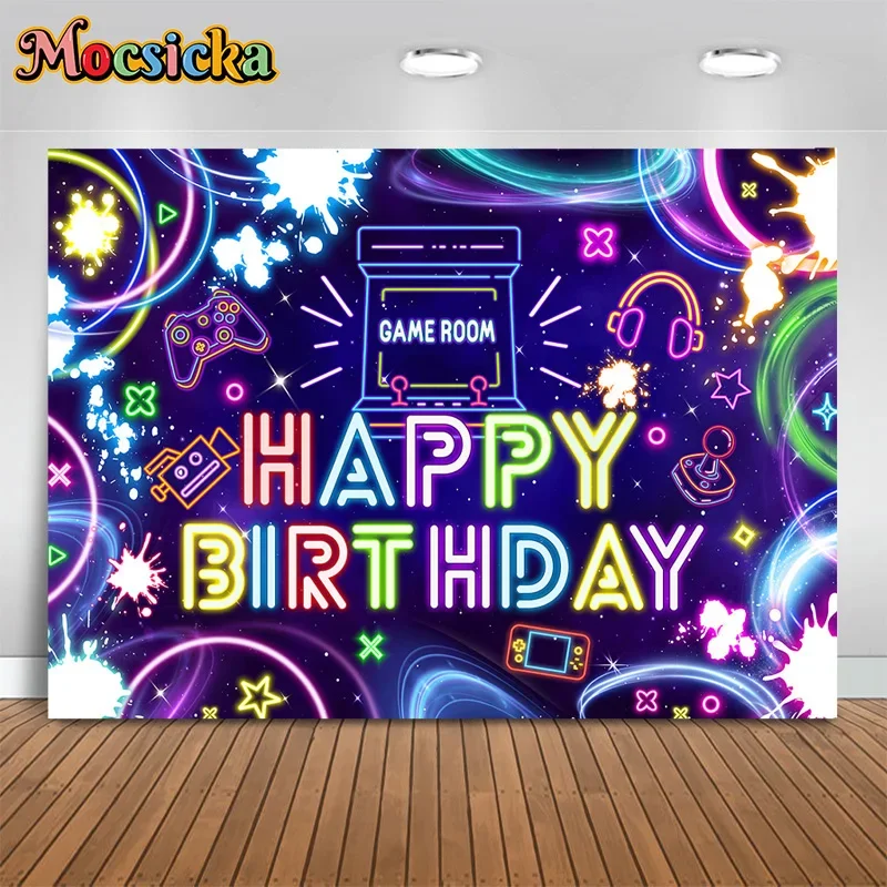Mocsicka Happy Birthday Party Photography Background Boys Gaming Game Backdrop Cake Smash Kids Photo Banner Studio Props