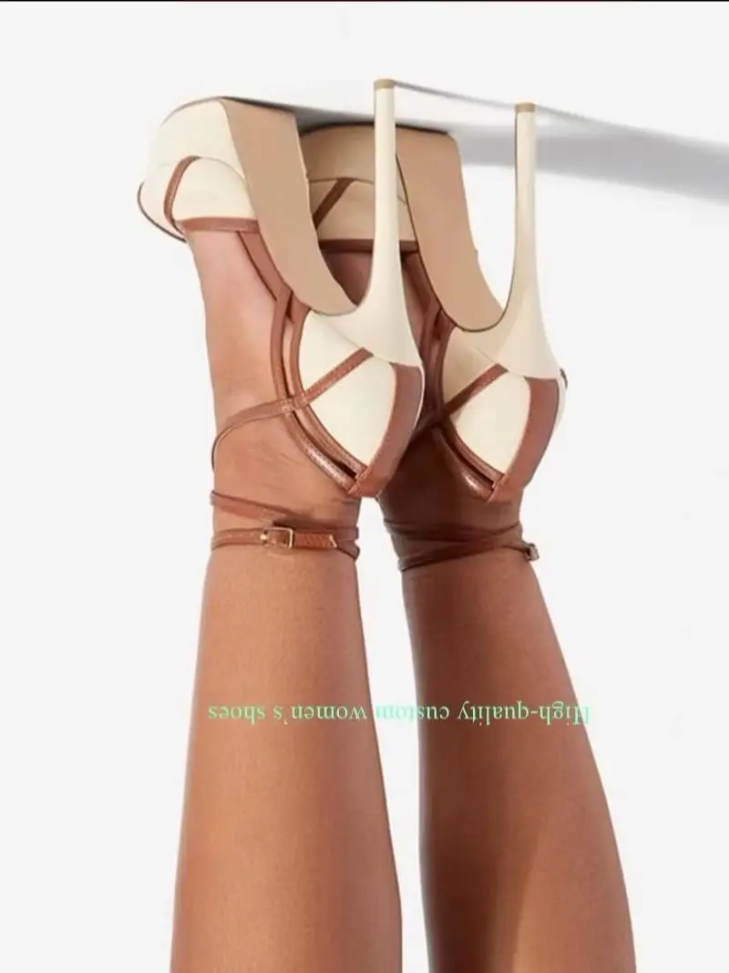 Pink And Green Paneled Style Platform Sole Women's Shoes Round Toe Webbed Toes With Ankle Straps Stiletto Heels Sandals