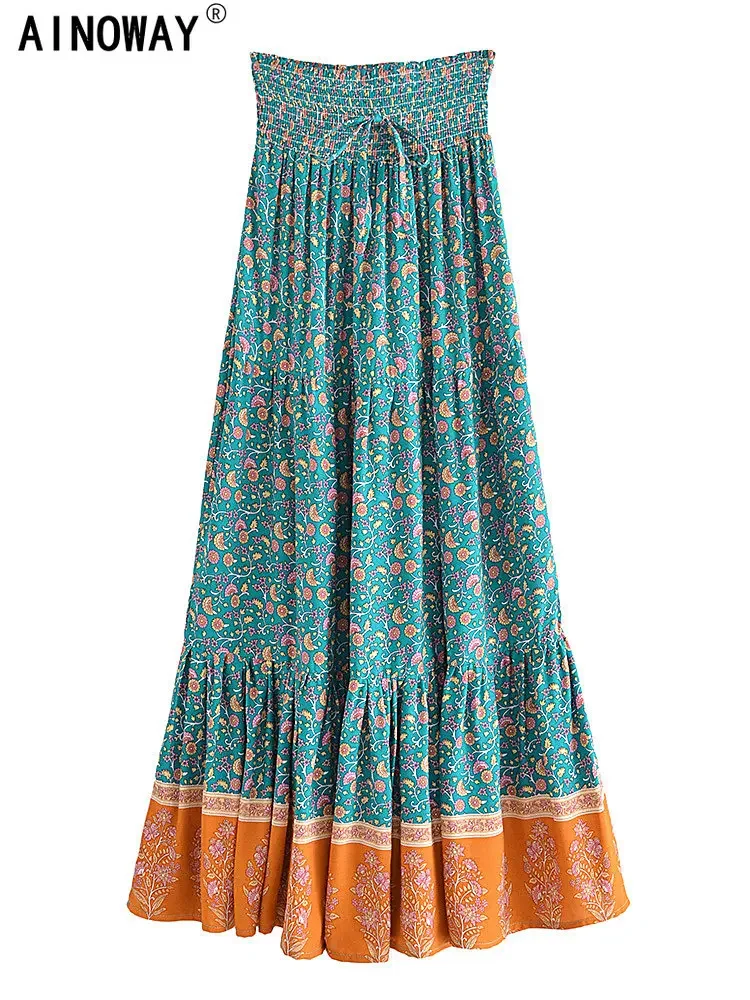 Falda plisada Bohemia con estampado Floral para mujer, falda de rayón y algodón, elástica, de cintura alta