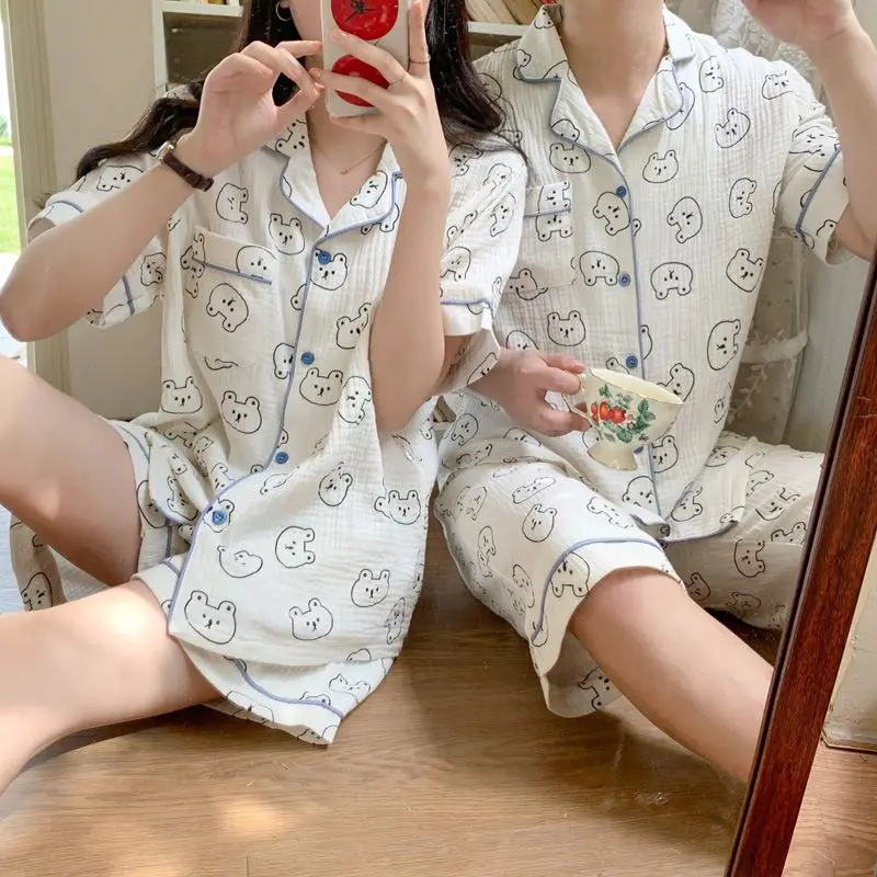 Ins cute bear cotton couple pajamas men and women summer short-sleeved shorts Korean version of homewear two-piece suit