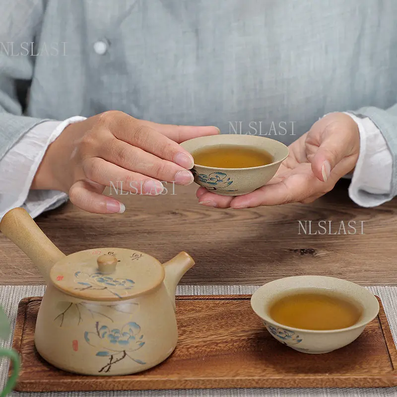 1 Pot and 2 Cups Chinese Style Coarse Pottery Side-handled Teapot with Horse Design Retro Kung Fu Tea Set for Tea Lovers