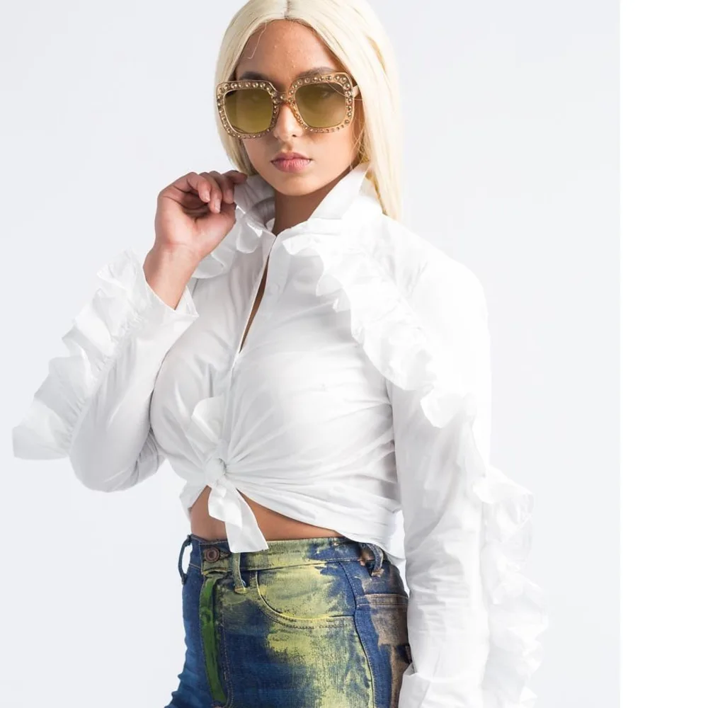 

Women's Blouse 2024 New Sexy Ruffle Shirt Fashion Elegant Long-sleeved White Turndown Collar Women Short Tops And Blouses