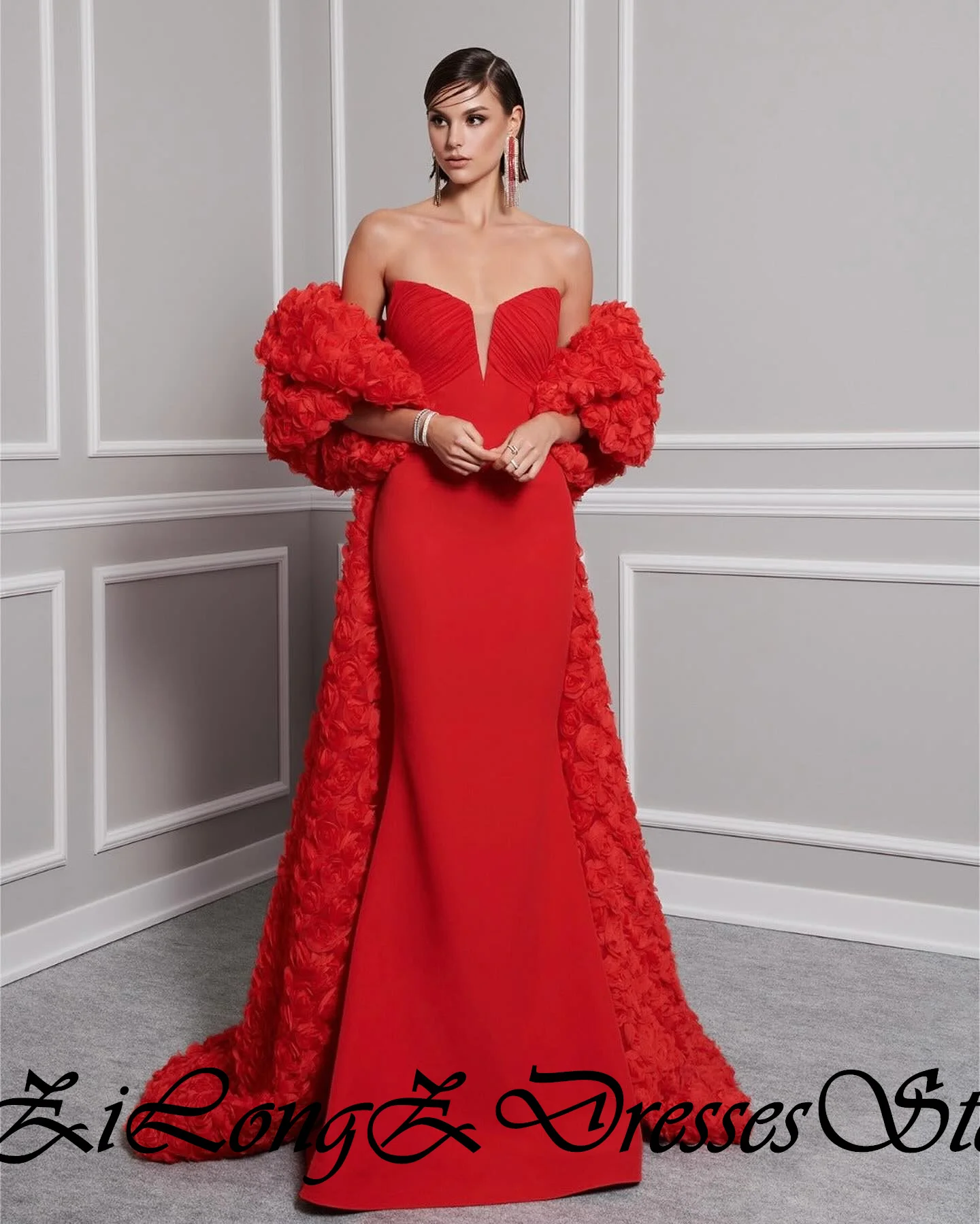 Saudi Arabia Evening Gowns Straight Off the Shoulder Half Sleeves Pleats Court Train Solid Color Flowers Bespoke Occasion Gowns