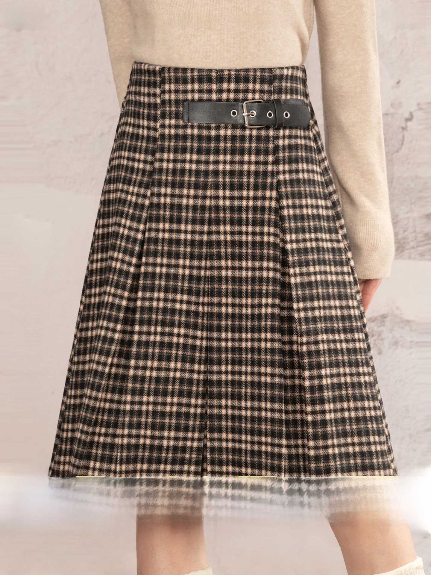 

Heynew College Style Plaid Pleated Skirt Women Winter New Red Woolen Slimming Versatile Midi Skirt Sweet High Waist