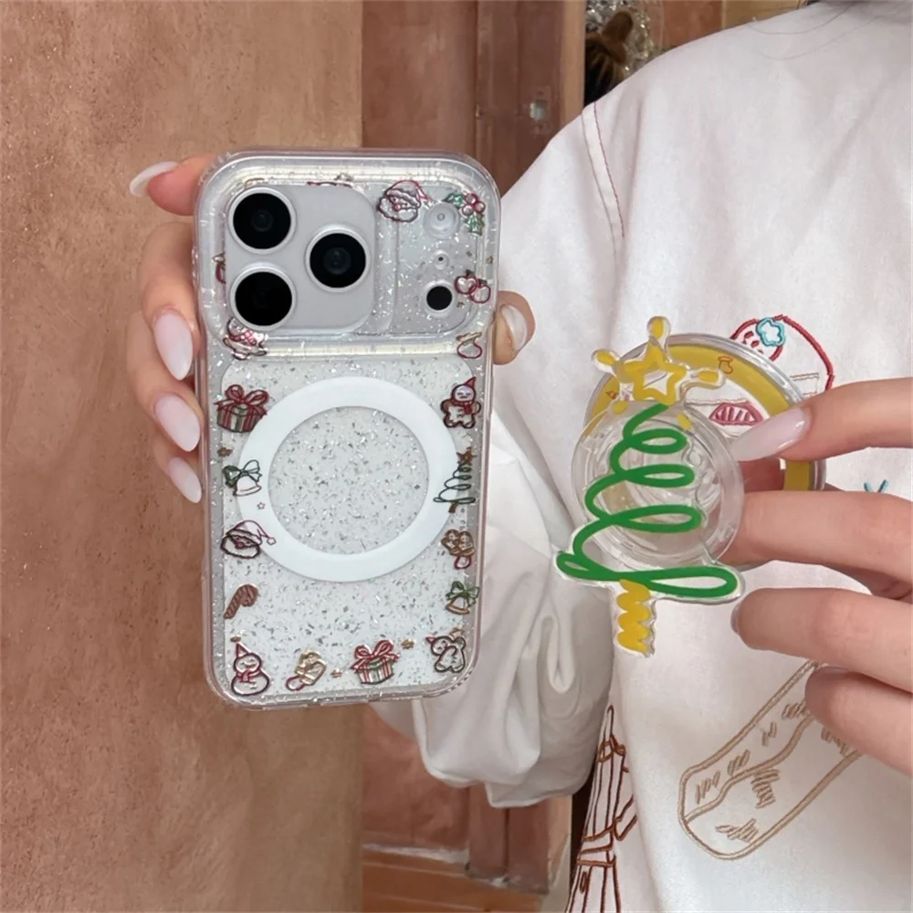 

Clear Glitter Christmas Painting Magnetic Phone Case For iPhone 17 16 Pro Max 14 15 Pro Cover with Holder For Magsafe Cartoon Ca