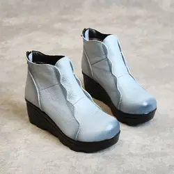 Retro blue elevator wedge boots woman real leather ankle boots ladies shoes black red stylish winter booties