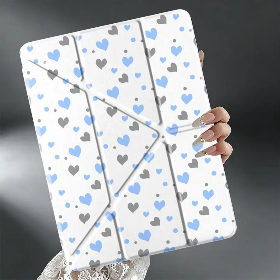 Tablet Case For Samsung Galaxy Tab A9 Plus A11 S8 S9 Plus A8 S10 Lite S7 FE With Pen Slot Cover Light Blue Grey Heart Print
