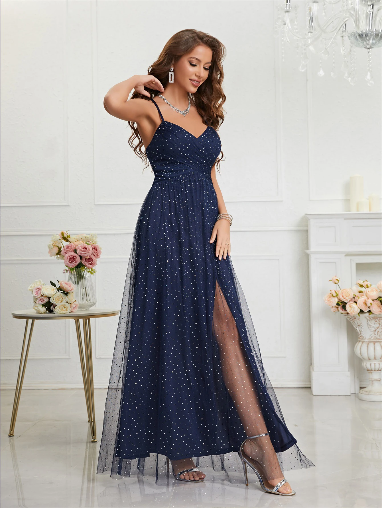 Unithorse-Robe Cami en Maille, Fendue, Col Licou, Cuisse Haute