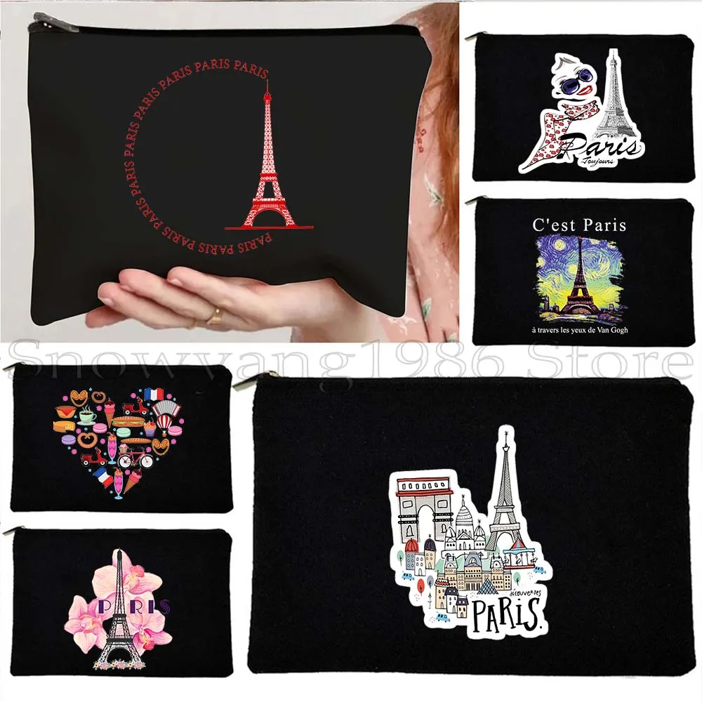 Vintage Eiffel Tower Paris Lettering France Girl Love Heart Flag Canvas Cosmetic Bag Makeup Lipstick Travel Pouch Pencil Case