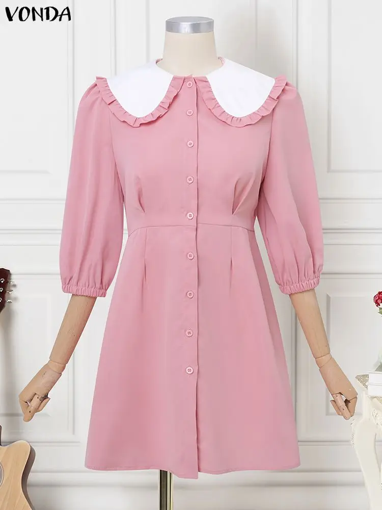 2025 VONDA Fashion Shirt Dresses Women 3/4 Sleeve Peter Pan Collar Mini Sundress Spring Buttons Casual Elegant Party Robe Femme
