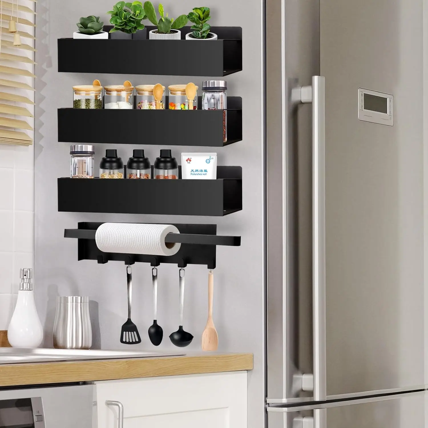 Magnetic Fridge Shelf Spice Storage Rack Black Iron Space Saving for Cabinet on The Side of Refrigerator Kitchen Organizer Shelf