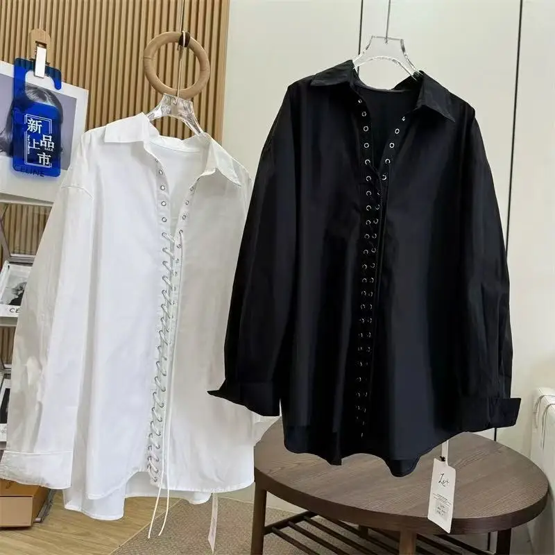 Design exclusivo preto branco blusas de algodão camisas para as mulheres 2026 primavera verão outono nova tendência da moda solta casual topos blusas