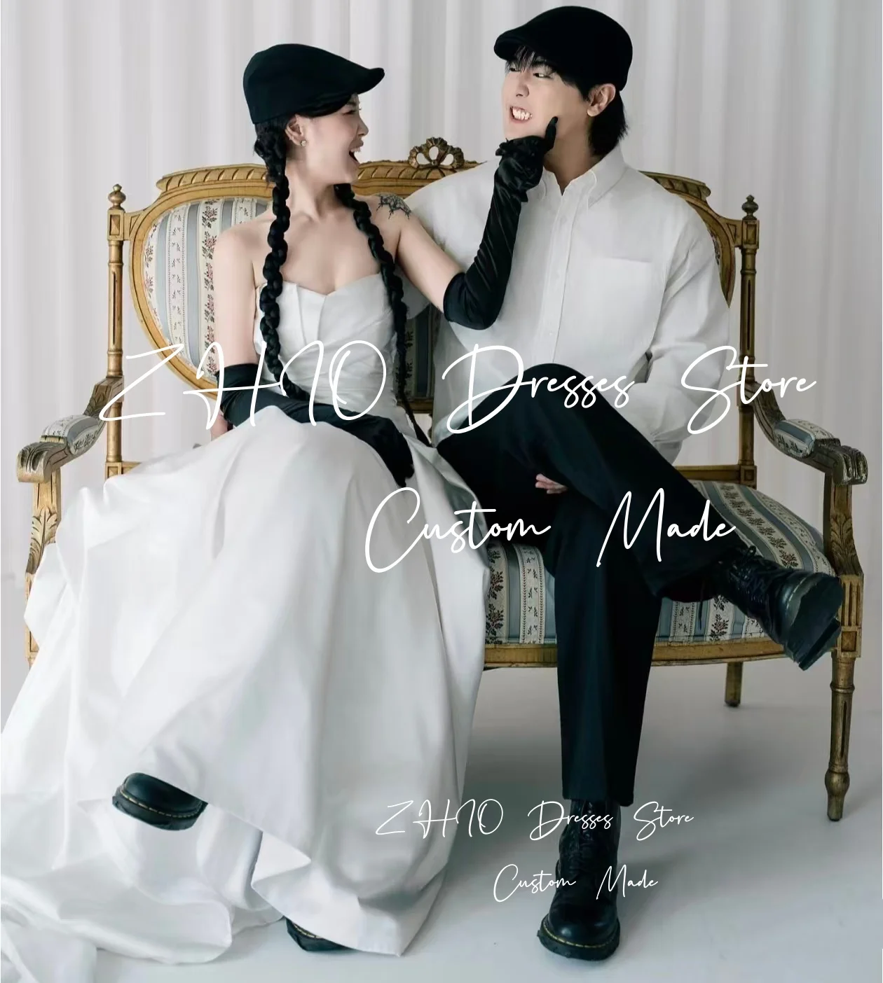 ZHIO Modern White PleatWedding Dress Sweetheart A-Line Slit Sweep Train Satin Korea Photo Shoot Bridal Reception Gown Custom