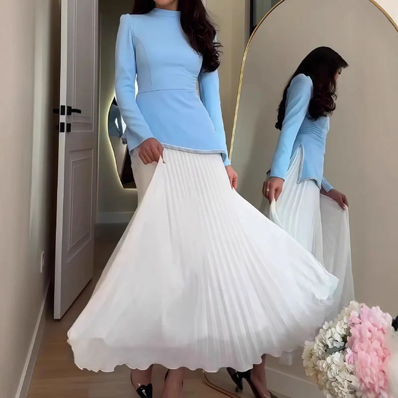 Women Fashion Draped Slim Long Skirt Outfits Casual Hight Waist Solid 2Pc Suit Elegant Stand Collar Long Sleeve Top & Skirt Set