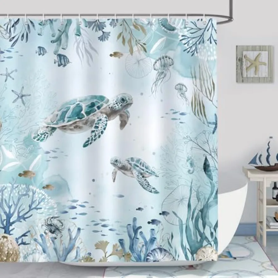 

Bonhause Sea Turtle Shower Curtain Teal Blue Ocean Beach Coastal Bathroom Decor 72 x 72 Inch Polyester Fabric Waterproof Bath C