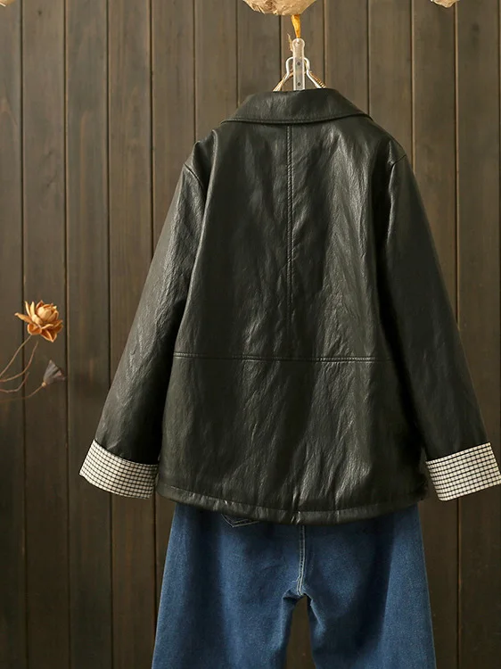 plus Size Winter Leather Jacket Women's Loose Fitted Long Sleeve Warm Stylish Faux Fur Collar Casual Style PU Leather Coat