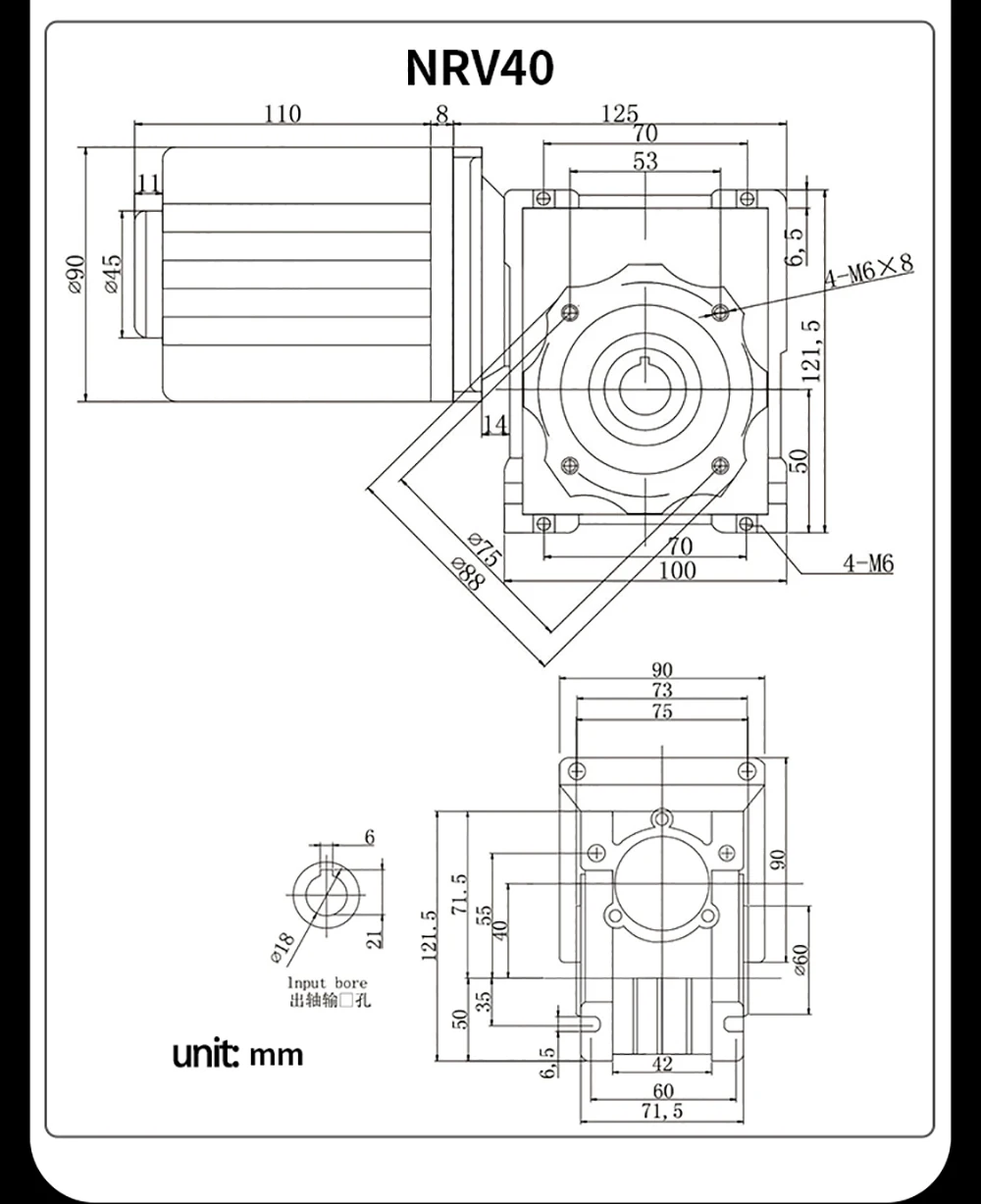 단일 출력 샤프트 RV40 가변 속도 CW CCW 고토크가 있는 12V 24V DC 웜기어 모터 60W NMRV40