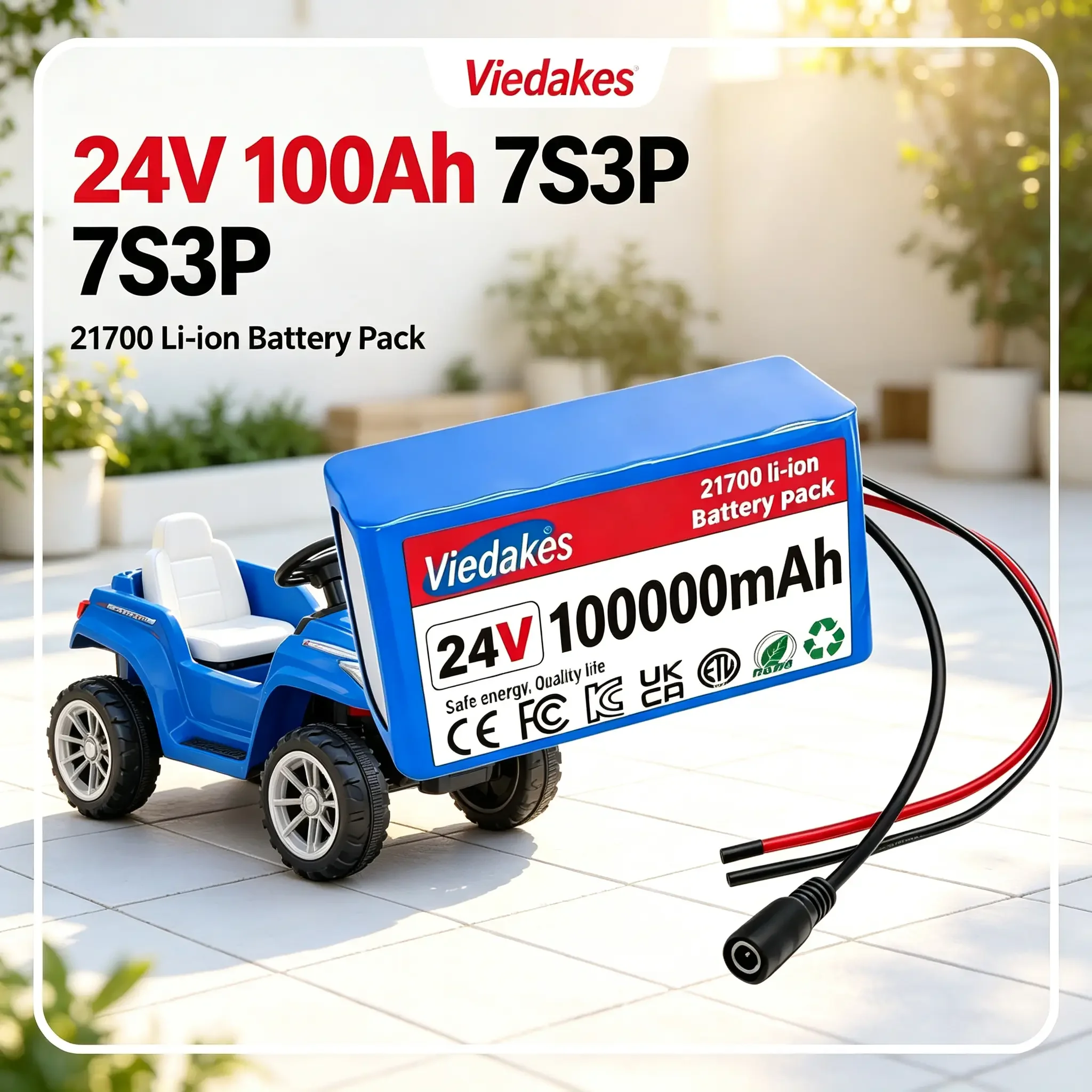 Viedakes 24V 80Ah 7S3P 21700 Lithium Battery Pack CE FCC ROHS Certified Built-in BMS Protection