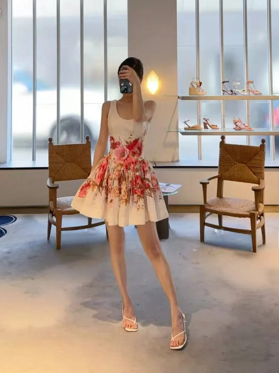 

Zhome Luxury 2025 New Print Bal Tie ature Fairy Vaion High Waist Puffy Dr Ele Sle Silk Cotton Material