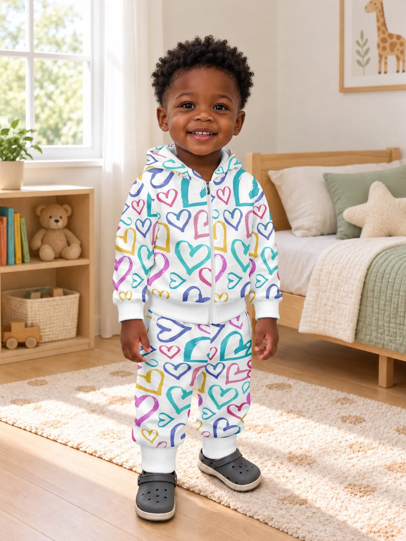 Infant Cream Blue Line Bear Loose Fit Zip Hooded Sweatshirt and Pants Set Pants with Pockets Artistic