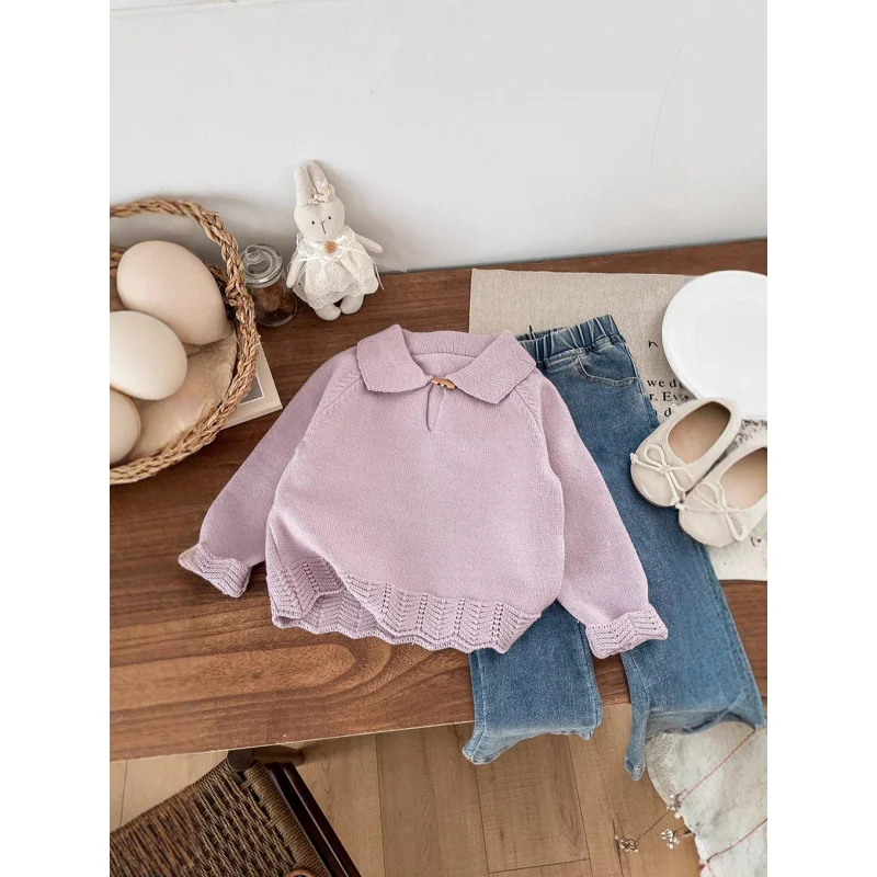 

Girls Sweater Autumn Little Girl Stylish Turn-Down Collar Knitwear Baby Autumn Top Children Fashionable Clothing