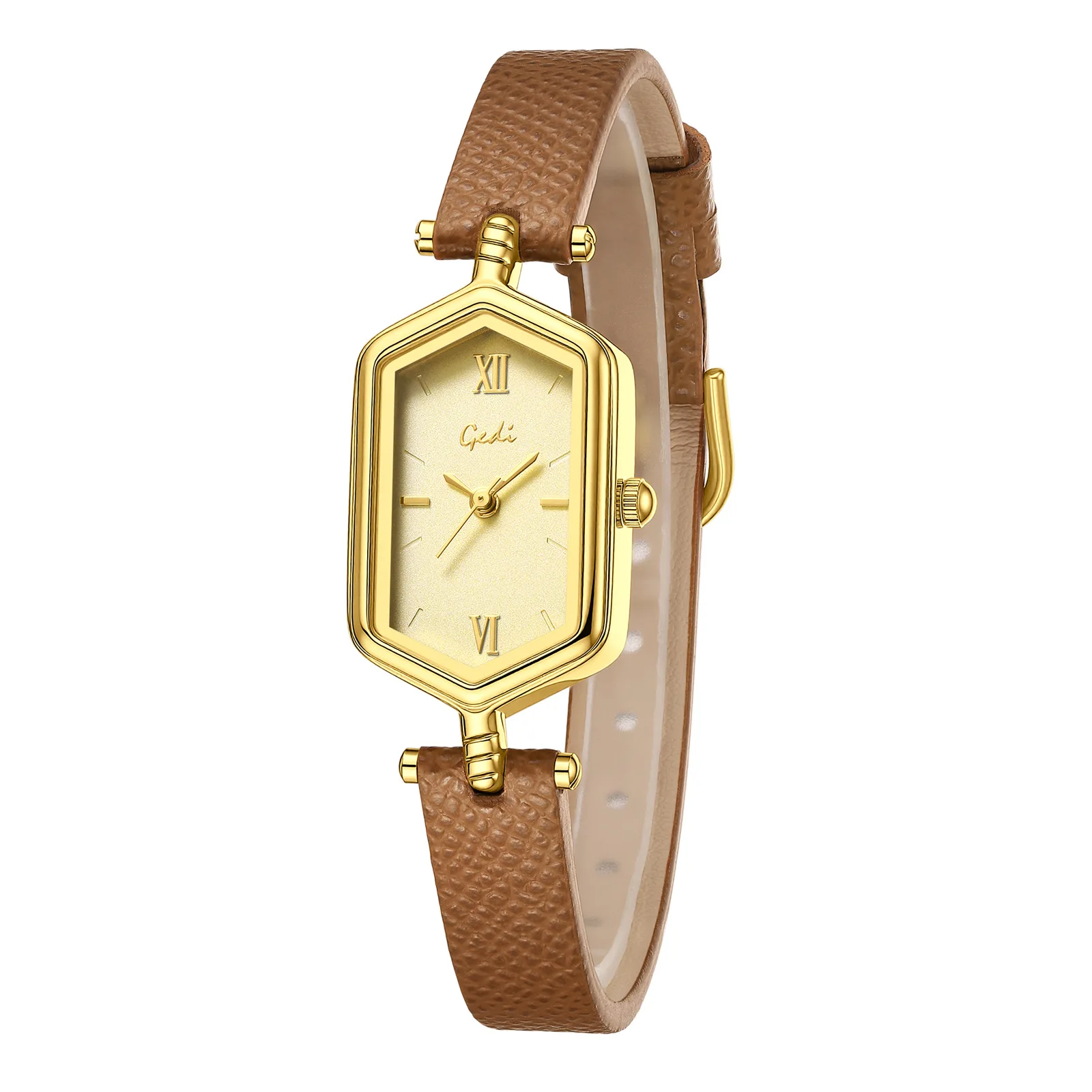 GEDI Vintage Hexagonal Women Watch Fashion Small Dial Quartz Thin Leather Strap Elegant Ladies Casual Dress Watch Reloj De Mujer