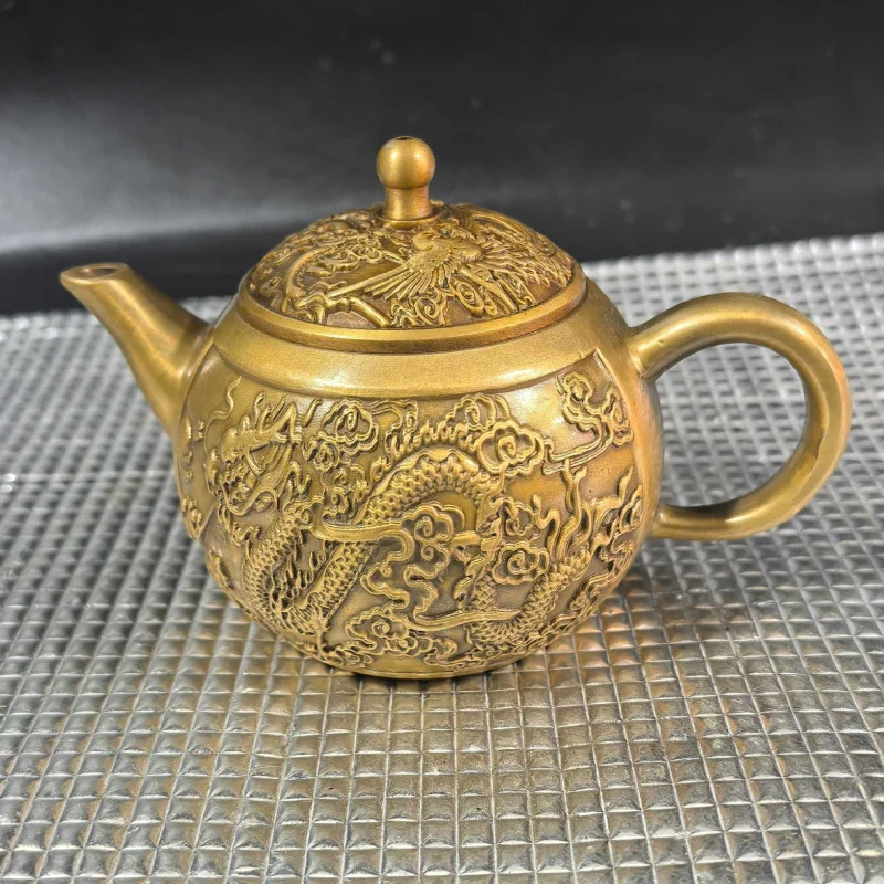 Brass and Phoenix Ornament, Bronze Teapot with Embossed Dragon Pattern, Creative Home Decor Craft
