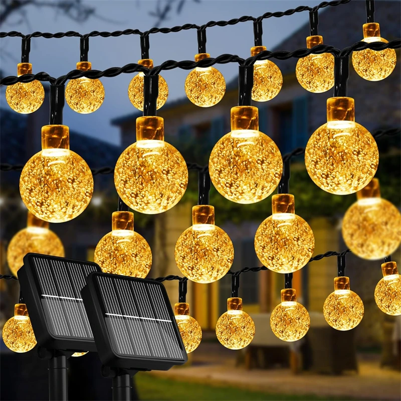 60 LED Solar String Lights Outdoor Waterproof Crystall Globe Lights 8 Lighting Modes for Garden Yard Porch Wedding Party Decor