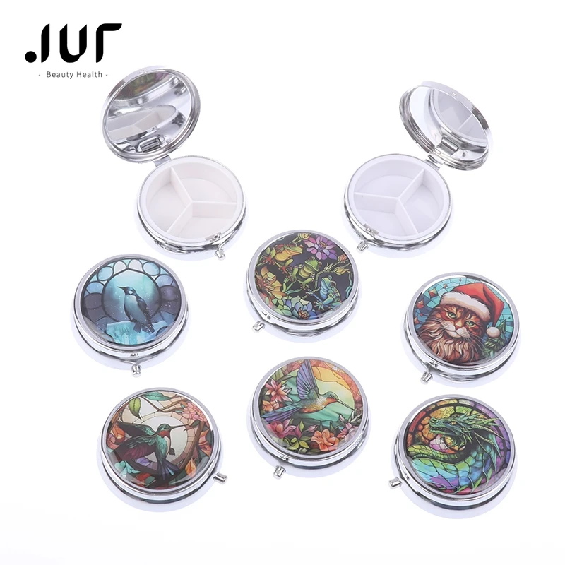 3 Compartments Pill Box Travel Pill Splitters Case Container Vintage Medicines Pillbox With Mirror Drugs Box